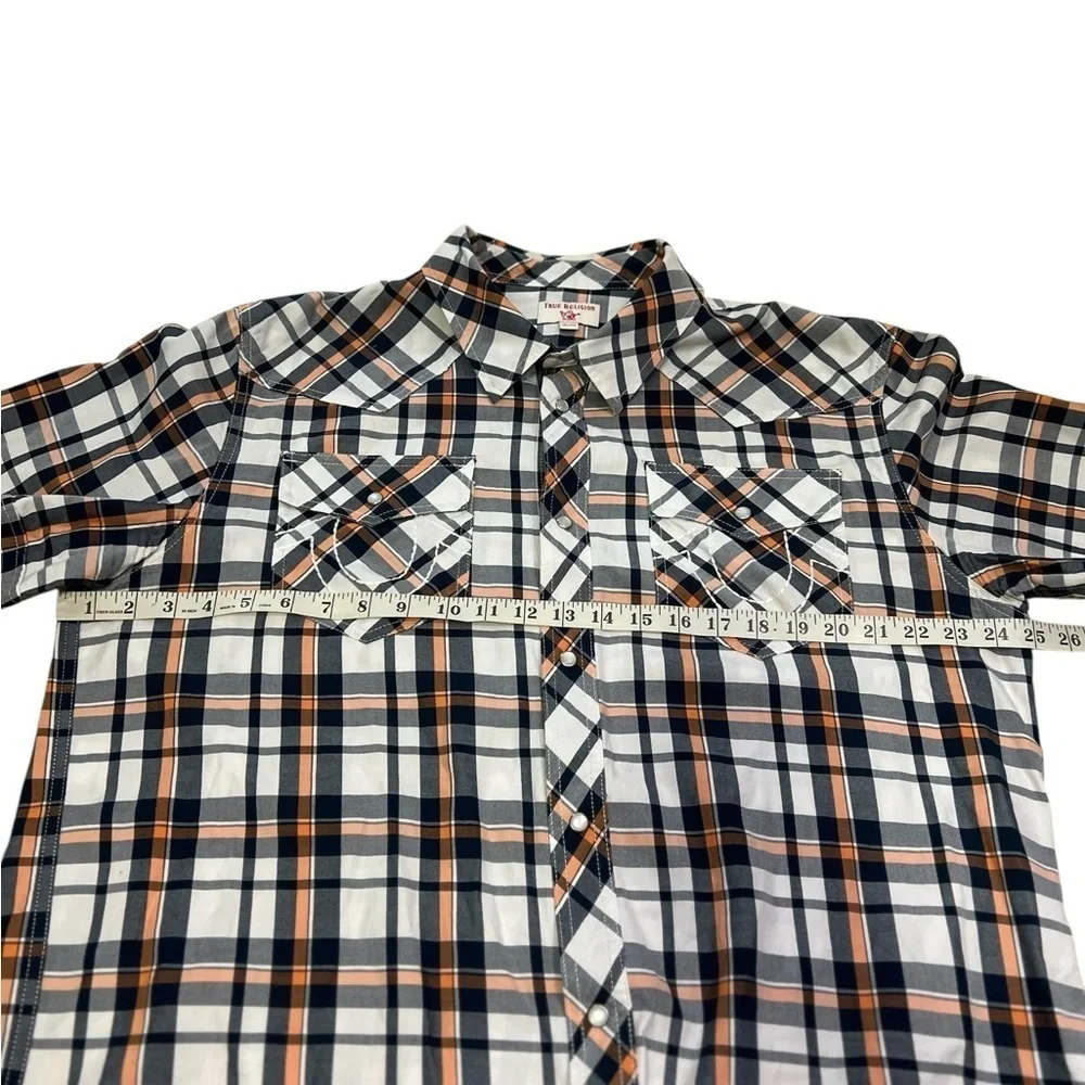 True Religion Shirt Mens 2XL Brown White Plaid Button Western Pearl Snap Casual